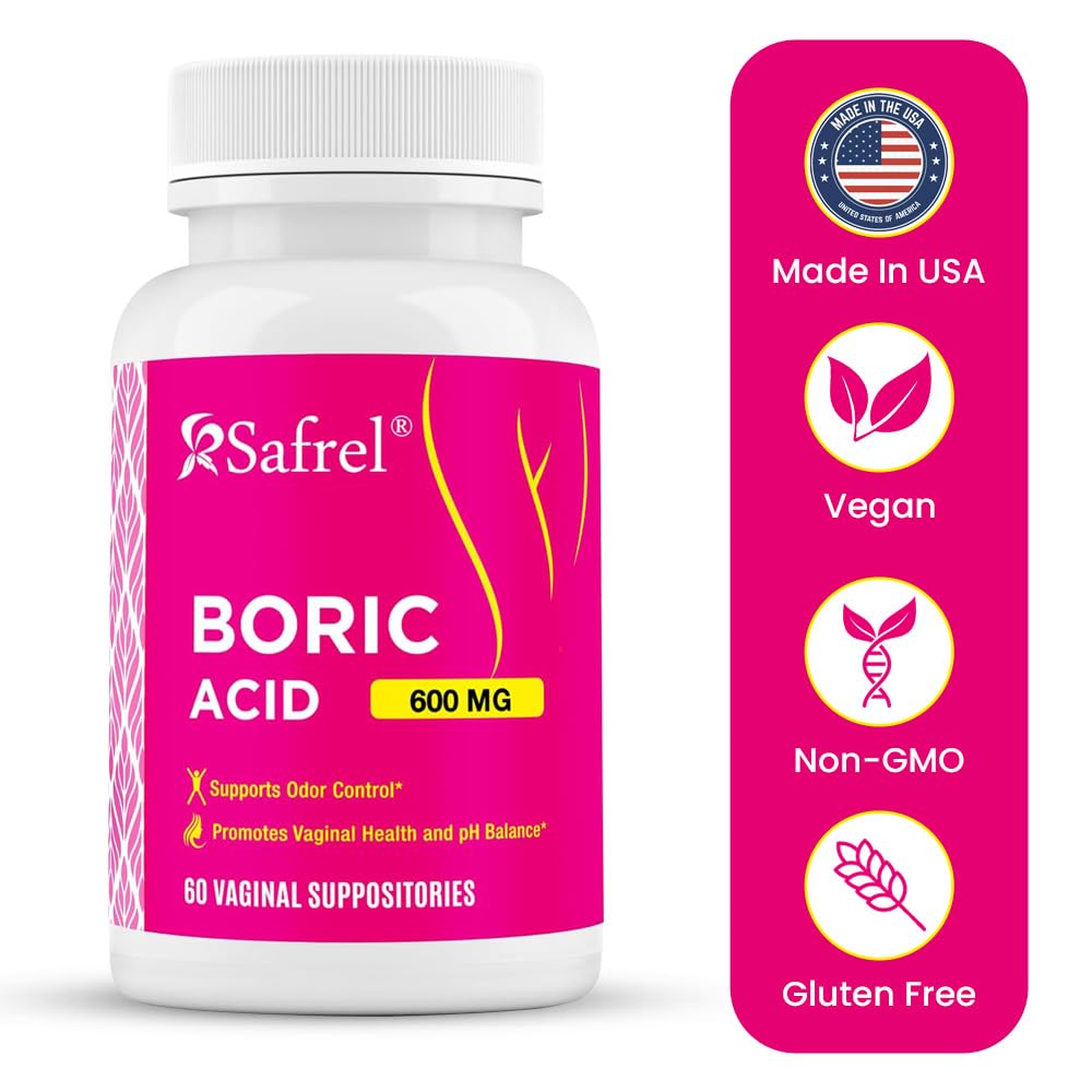 Safrel Boric Acid Vaginal Suppositories - 60 Count (1-Pack) – 100% Pure USA-Made, Supports Intimate